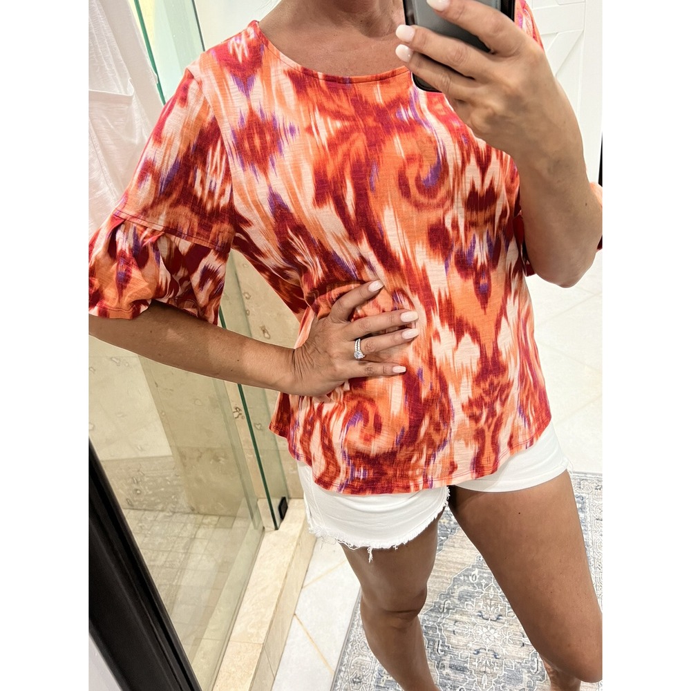 Chicos Womens Floral Geo Print Flutter Sleeve Top Orange Purple Size 1 Medium